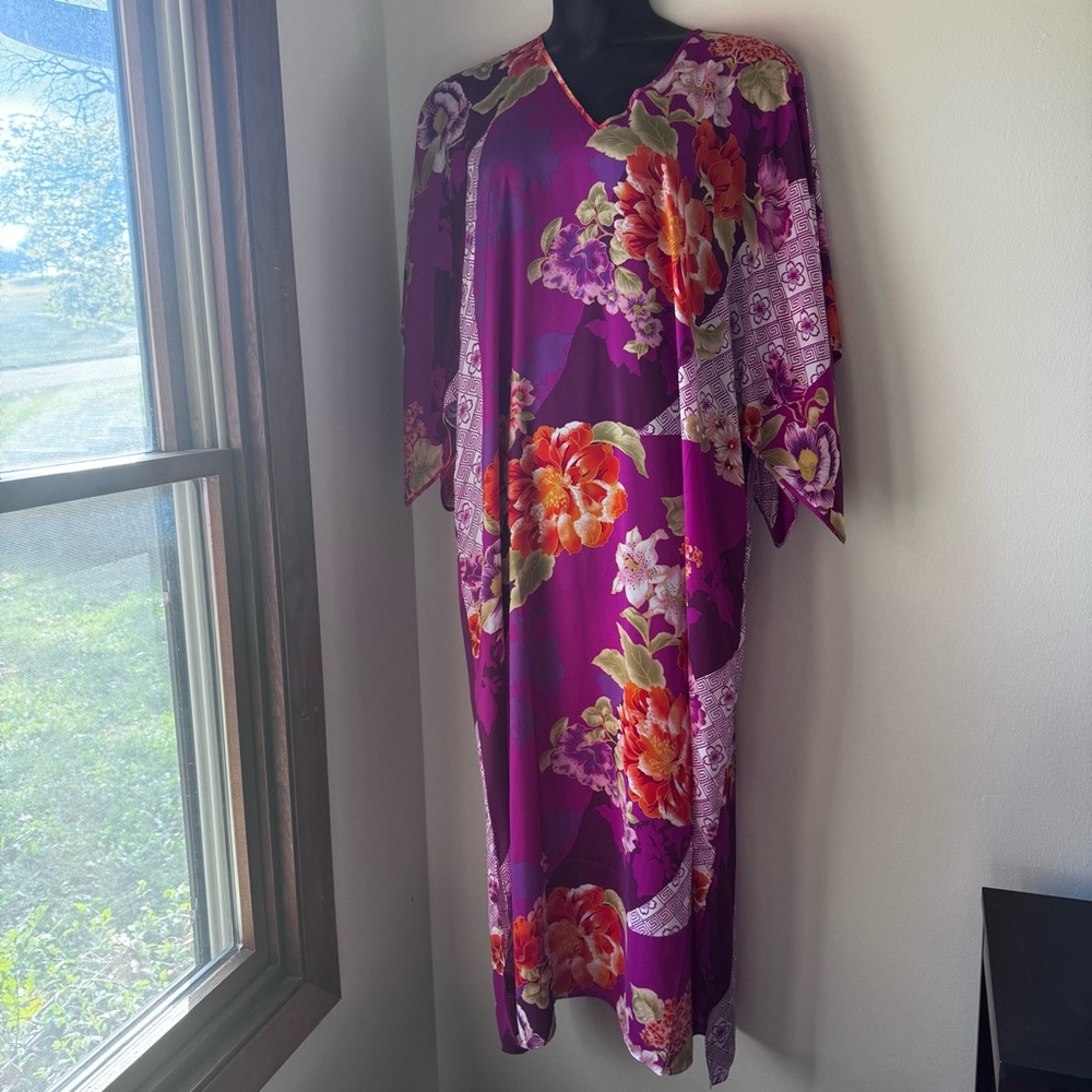 Natori Caftan‎ Mrs Roper Loungewear Purple Pink Orange Large Sleeves